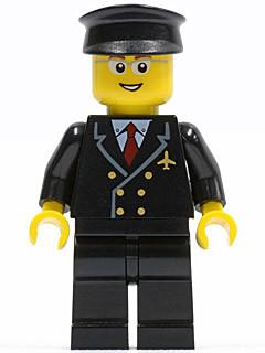 Airport - Pilot with Red Tie and 6 Buttons, Black Legs, Black Hat, Glasses and Open Smile