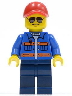 Blue Jacket with Pockets and Orange Stripes, Dark Blue Legs, Red Cap with Hole, Sunglasses