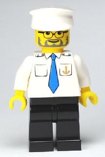 Boat Captain with Blue Tie and Anchor on Pocket, White Hat