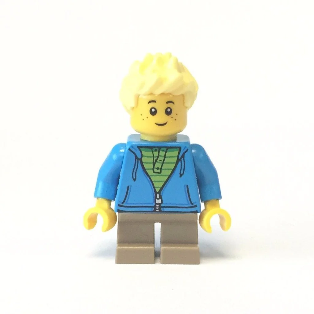 Boy, Dark Azure Hoodie with Green Striped Shirt, Dark Tan Short Legs, Freckles