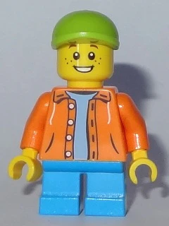 Boy - Orange Jacket with Hood over Light Blue Sweater, Dark Azure Short Legs, Lime Cap