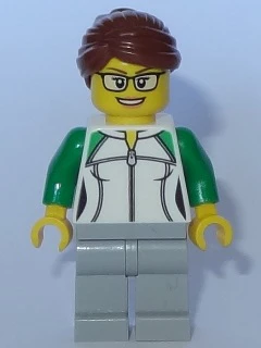 City Newsstand Worker - Female Outline Sweatshirt with Zipper, Light Bluish Gray Legs, Reddish Brown Hair with Bun, Glasses