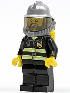 Fire - Reflective Stripes, Black Legs, Silver Fire Helmet, Gray Beard, Yellow Airtanks
