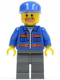 Blue Jacket with Pockets and Orange Stripes, Dark Bluish Gray Legs, Blue Cap, Beard around Mouth