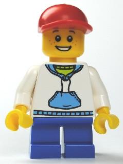 White Hoodie with Blue Pockets, Blue Short Legs, Red Short Bill Cap