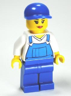 Overalls Blue over V-Neck Shirt, Blue Legs, Blue Short Bill Cap, Eyelashes and Smile