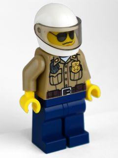 Forest Police - Dark Tan Shirt with Pockets, Radio and Gold Badge, Dark Blue Legs, White Helmet with Visor, Black and Silver Sunglasses