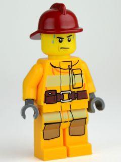 Fire - Bright Light Orange Fire Suit with Utility Belt, Dark Red Fire Helmet, Sweat Drops