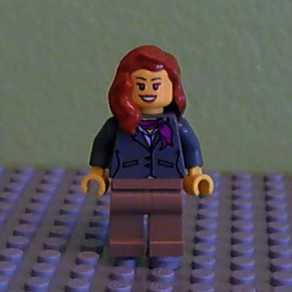 Dark Bluish Gray Jacket with Magenta Scarf, Dark Tan Legs, Dark Orange Female Hair over Shoulder