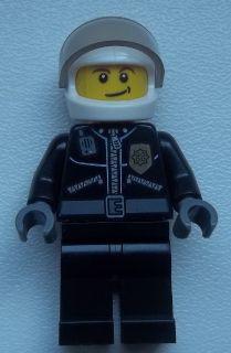 Police - City Leather Jacket with Gold Badge and 'POLICE' on Back, White Helmet, Trans-Black Visor, Crooked Smile