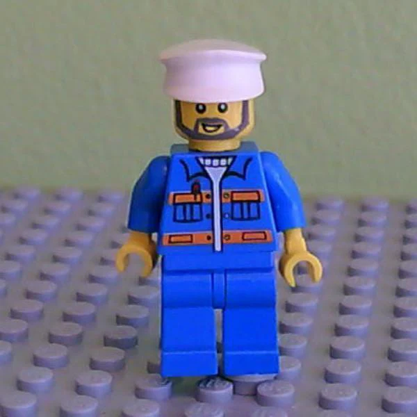 Blue Jacket with Pockets and Orange Stripes, Blue Legs, White Hat, Gray Beard  (10663)