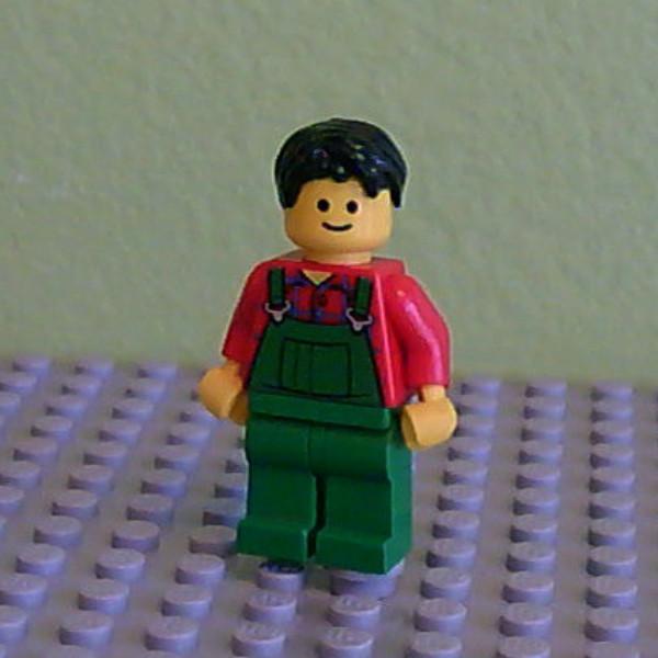 Overalls Farmer Green, Dark Brown Short Tousled Hair, Standard Grin