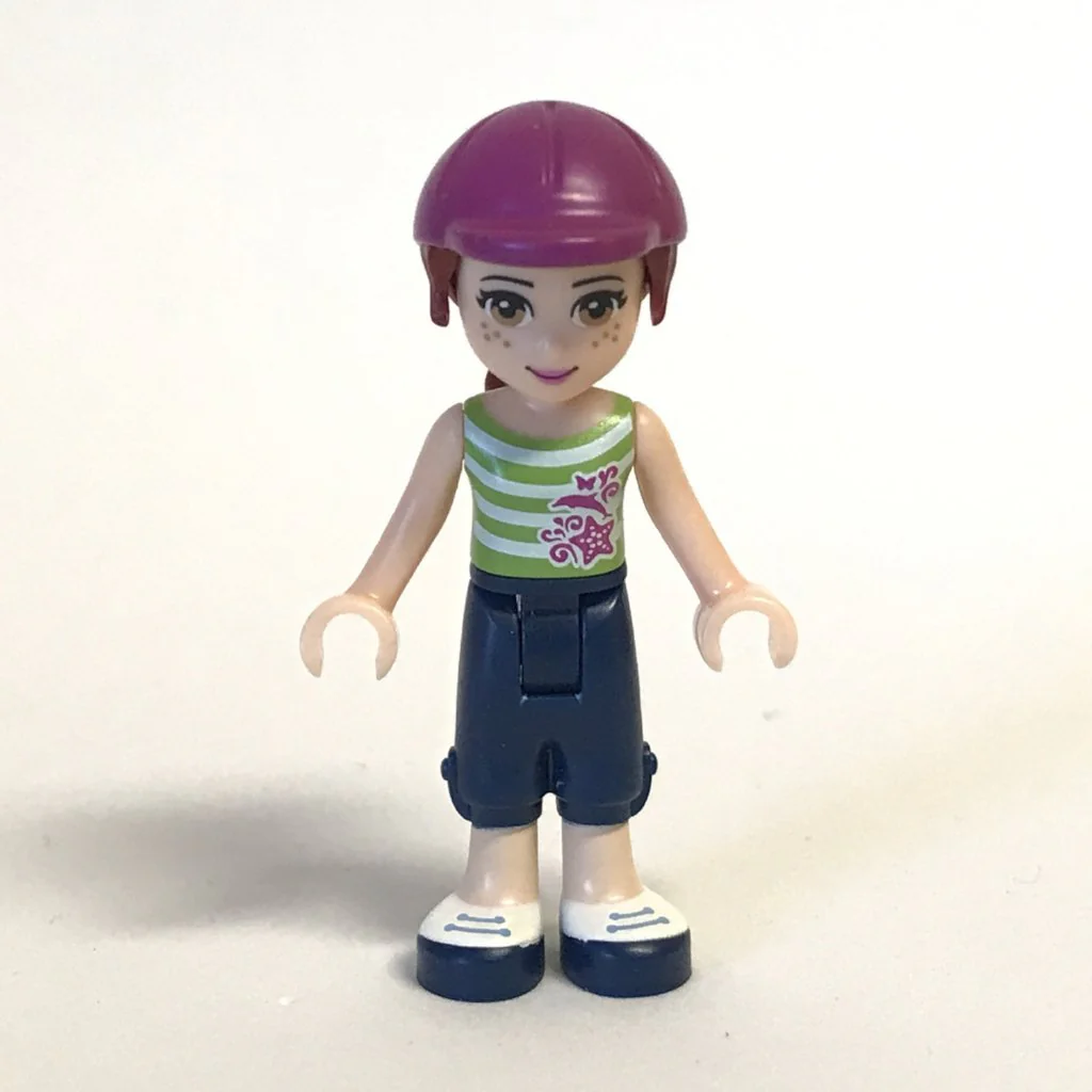 Mia, Dark Blue Cropped Trousers, Lime and White Striped Top, Helmet