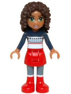 Andrea, Red Skirt and Boots, Dark Blue Sweater Top
