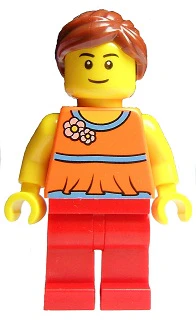 Orange Halter Top with Medium Blue Trim and Flowers Pattern, Red Legs, Reddish Brown Ponytail and Swept Sideways Fringe
