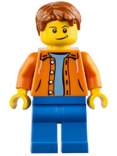 Orange Jacket with Hood over Light Blue Sweater, Blue Legs, Dark Orange Short Tousled Hair, Crooked Smile with Black Dimple