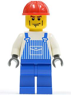 Overalls Striped Blue with Pocket, Blue Legs, Red Construction Helmet, Cheek Lines, Dark Bluish Gray Hands (7990)
