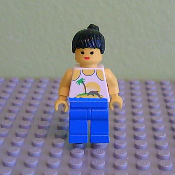 Island with Palm and Sun - Blue Legs, Black Ponytail Hair (9287)