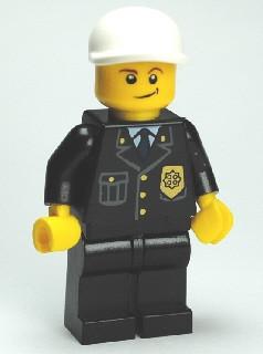 Police - City Suit with Blue Tie and Badge, Black Legs, White Short Bill Cap, Crooked Smile