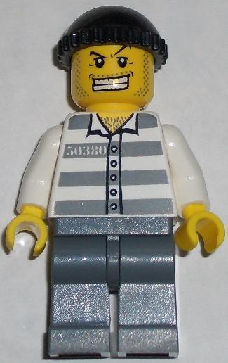 Police - Jail Prisoner 50380 Prison Stripes, Dark Bluish Gray Legs, Black Knit Cap, Gold Tooth