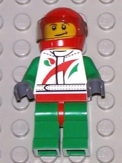 Race Car Driver, White Race Suit with Octan Logo, Red Helmet with Trans-Black Visor, Crooked Smile with Black Dimple