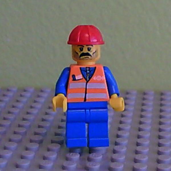 Orange Vest with Safety Stripes - Blue Legs, Moustache, Red Construction Helmet