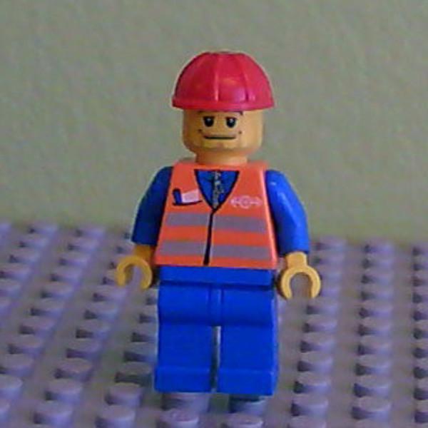 Orange Vest with Safety Stripes - Blue Legs, Beard Stubble, Red Construction Helmet