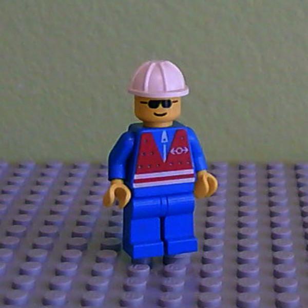 Red Vest and Zipper - Blue Legs, White Construction Helmet, Sunglasses