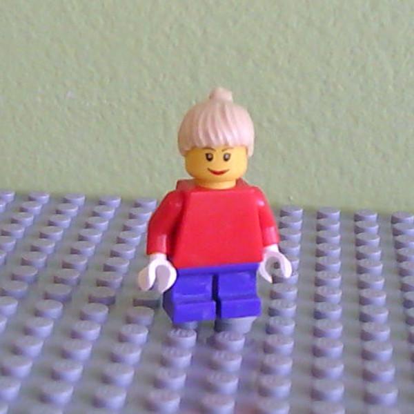 Plain Red Torso with Red Arms, Dark Purple Short Legs, Tan Female Ponytail Hair, Brown Eyebrows (10199)