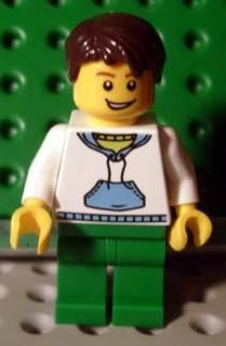 White Hoodie with Blue Pockets, Green Legs, Dark Brown Short Tousled Hair