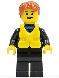 Wetsuit with Blue Sign, Black Legs, Dark Orange Short Tousled Hair, Life Jacket Center Buckle, Open Grin
